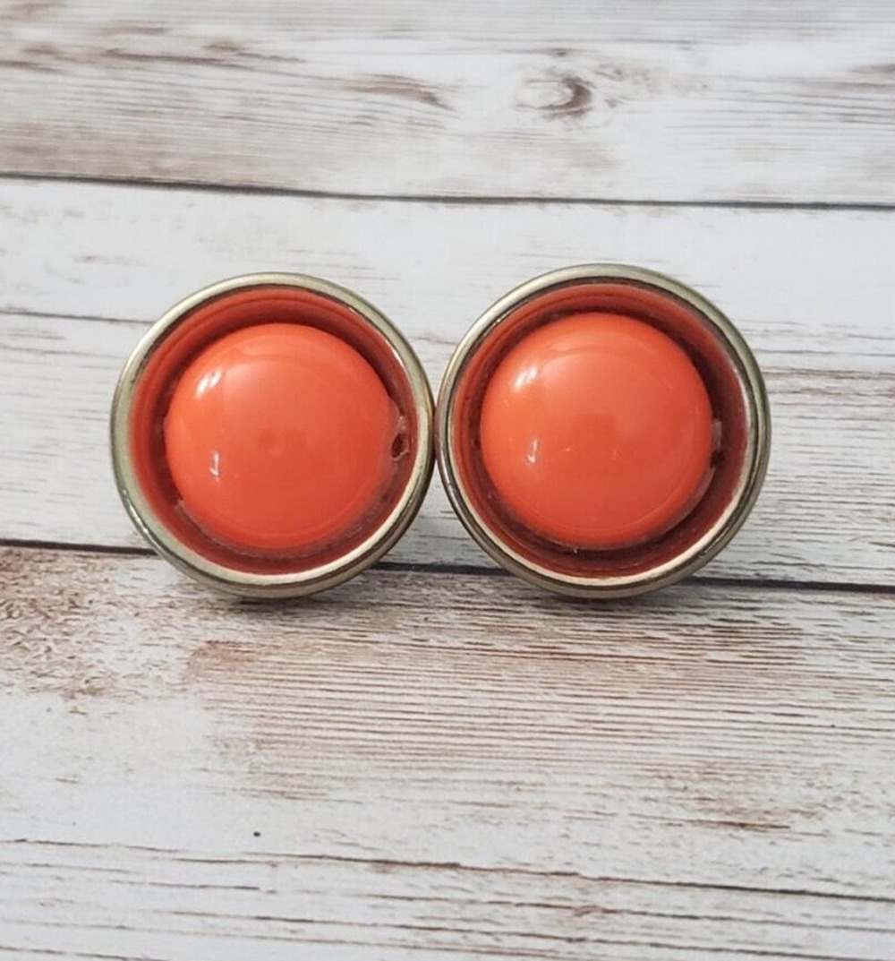 Vintage Screw On Earrings - Large Circle Orange with Gold Tone Halo